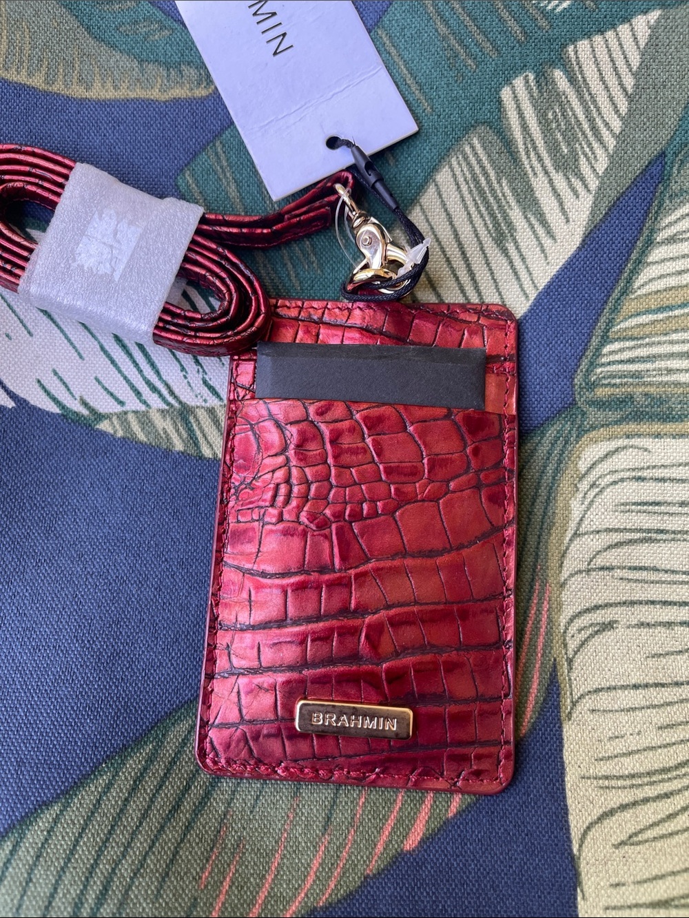 Brahmin Red Croc-Embossed Leather ID Badge Holder with Matching Lanyard